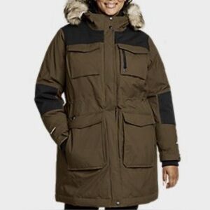 Eddie Bauer Women’s Greenish Brown Parka with Black Patches and Faux Fur Hood